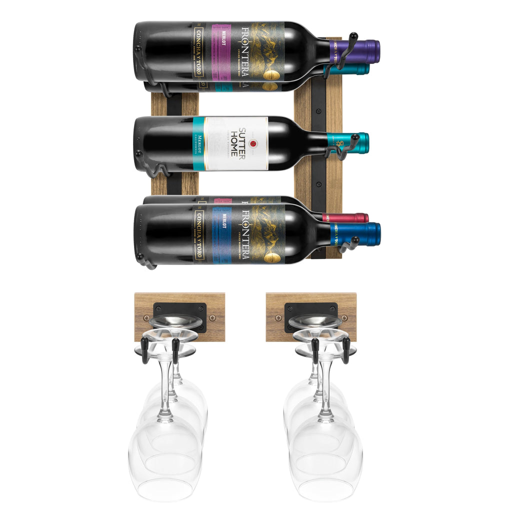 Sorbus Wall Mounted Wine Rack + Stemware Rack Set - Wire & Wood Wine Rack Wall Mounted for Bottles Liquor Champagne Wine Glasses Champagne Glasses for Home Bar