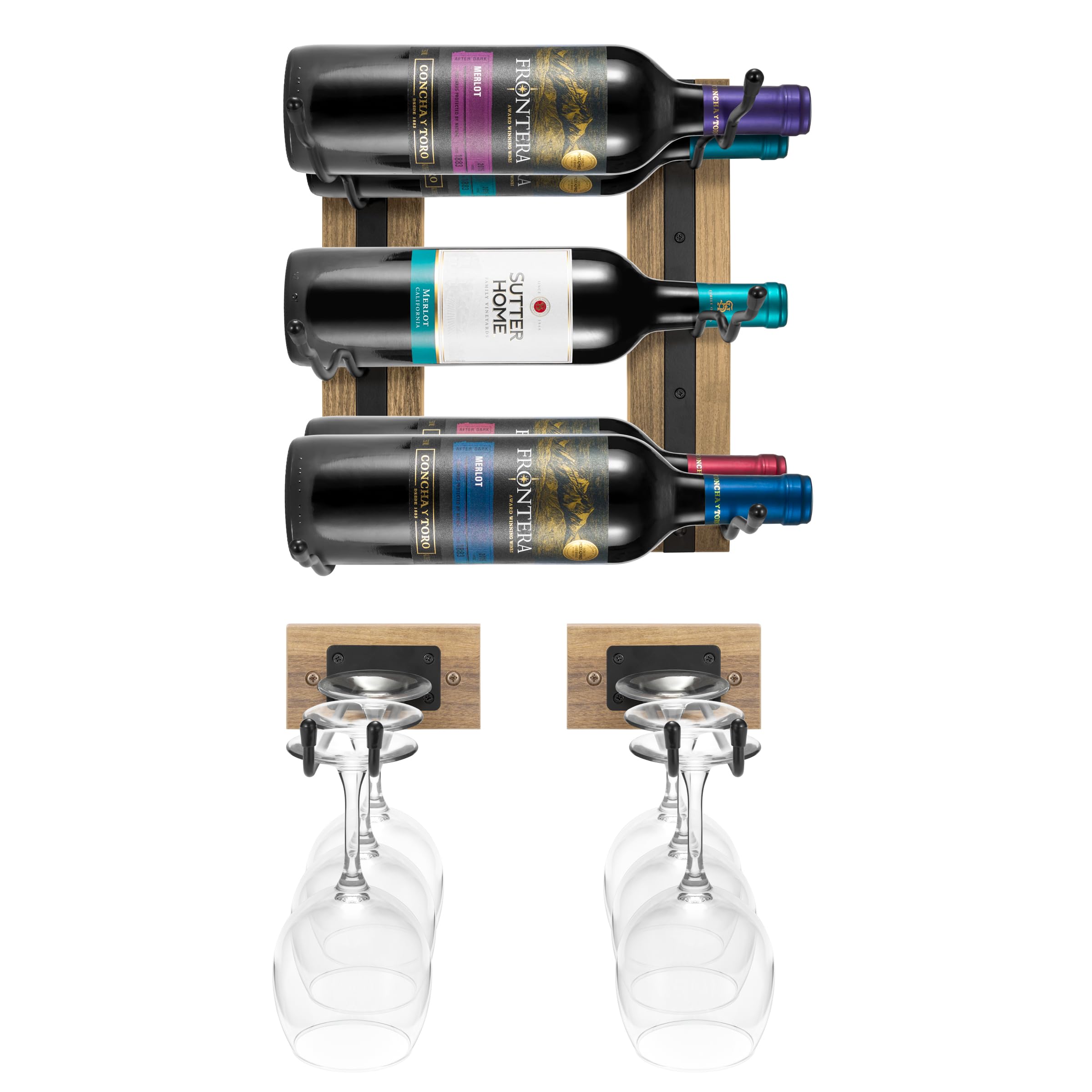 Sorbus Wall Mounted Wine Rack + Stemware Rack Set - Wire & Wood Wine Rack Wall Mounted for Bottles Liquor Champagne Wine Glasses Champagne Glasses for Home Bar