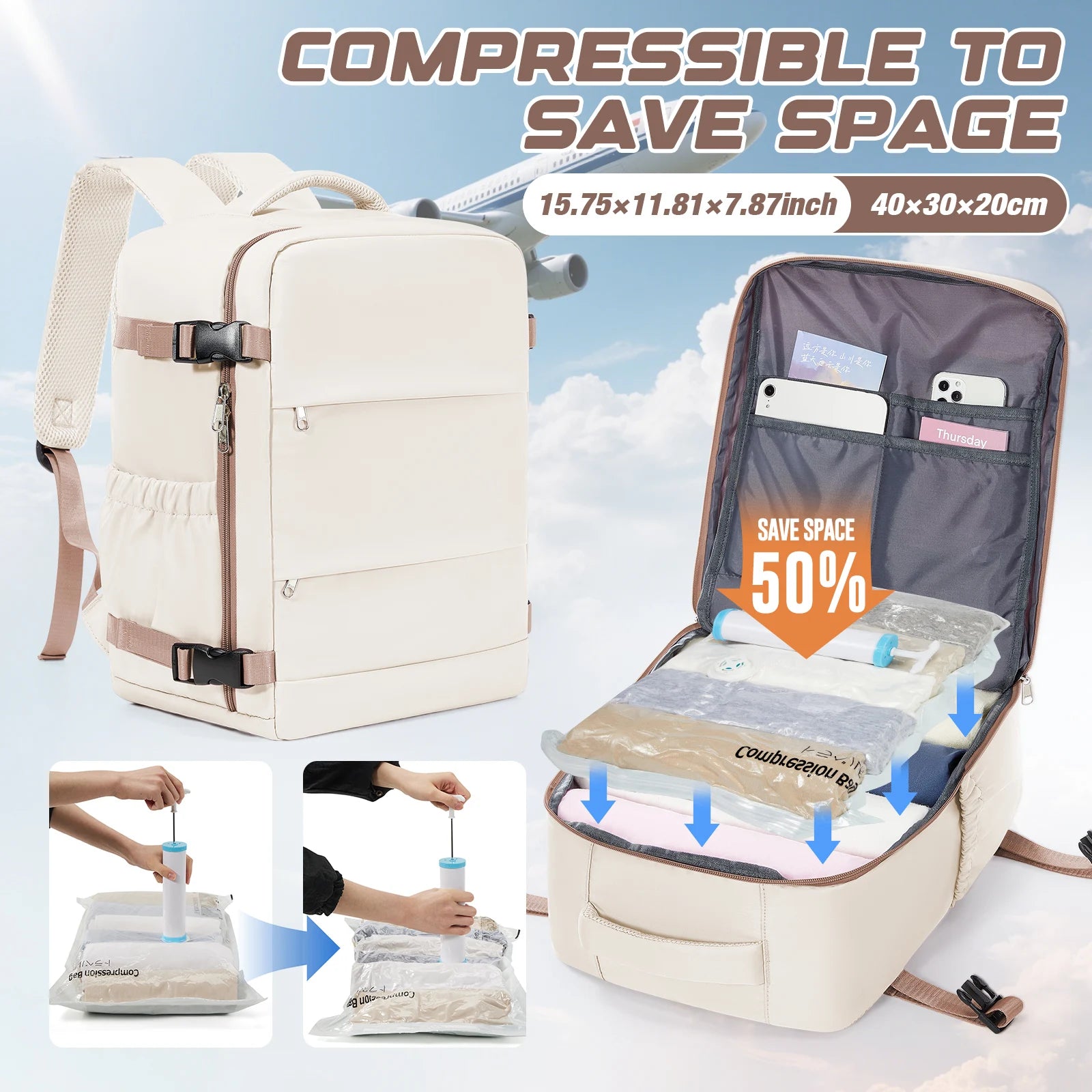 Clothing Storage Bag Personal item storage Backpack Ryanair Backpack 40x30x20 Cabin Bag, Vacuum Storage Bag With Manual Pump