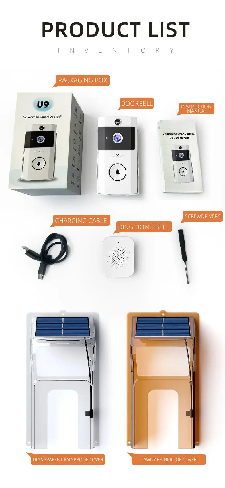Wireless Video Doorbell with Solar Rain Cover Waterproof WiFi Doorbell Camera Color Intercom Video Doorbell Smart Home Security