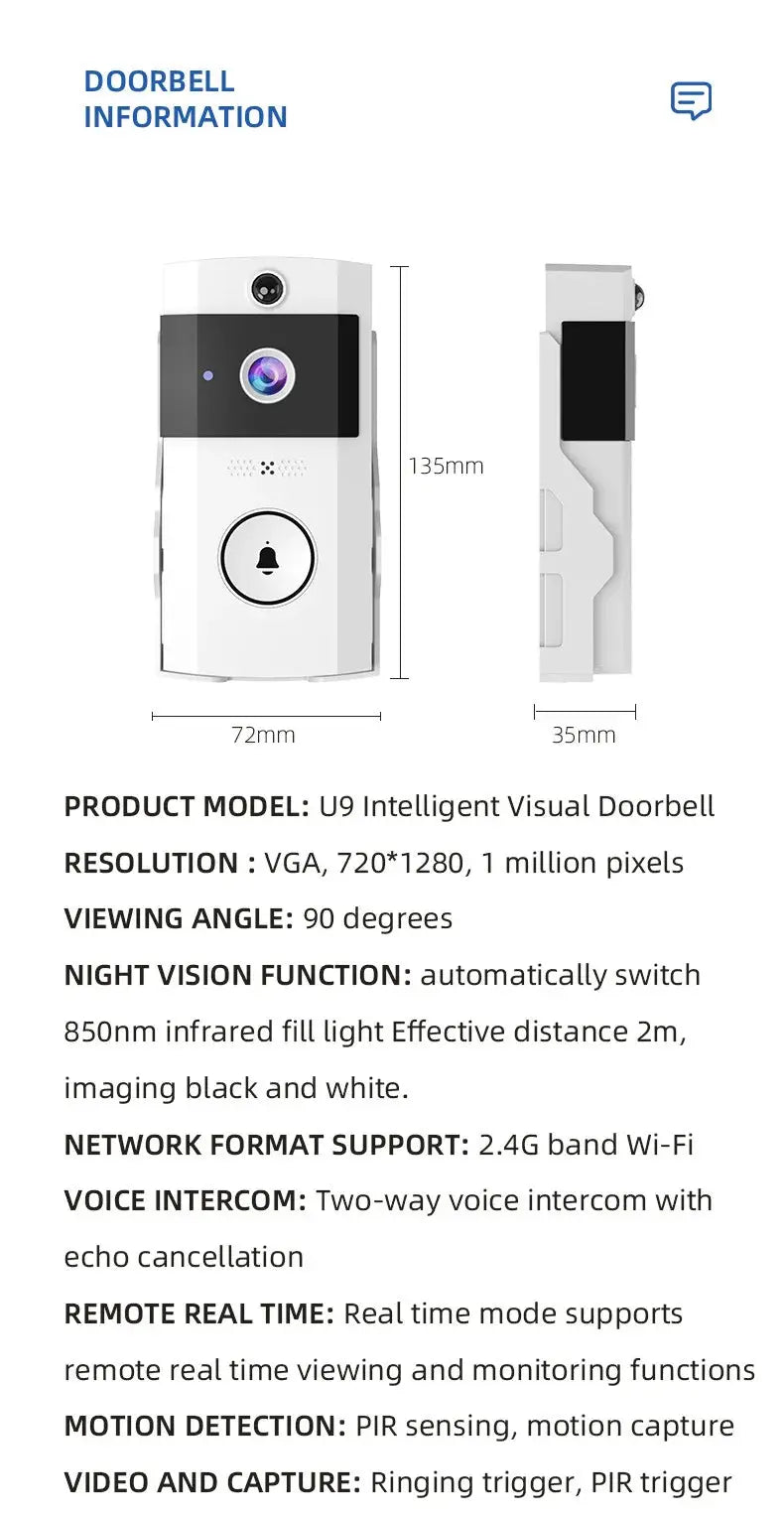Wireless Video Doorbell with Solar Rain Cover Waterproof WiFi Doorbell Camera Color Intercom Video Doorbell Smart Home Security