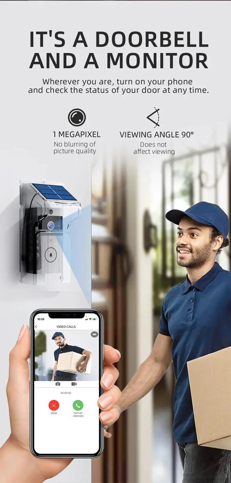 Wireless Video Doorbell with Solar Rain Cover Waterproof WiFi Doorbell Camera Color Intercom Video Doorbell Smart Home Security